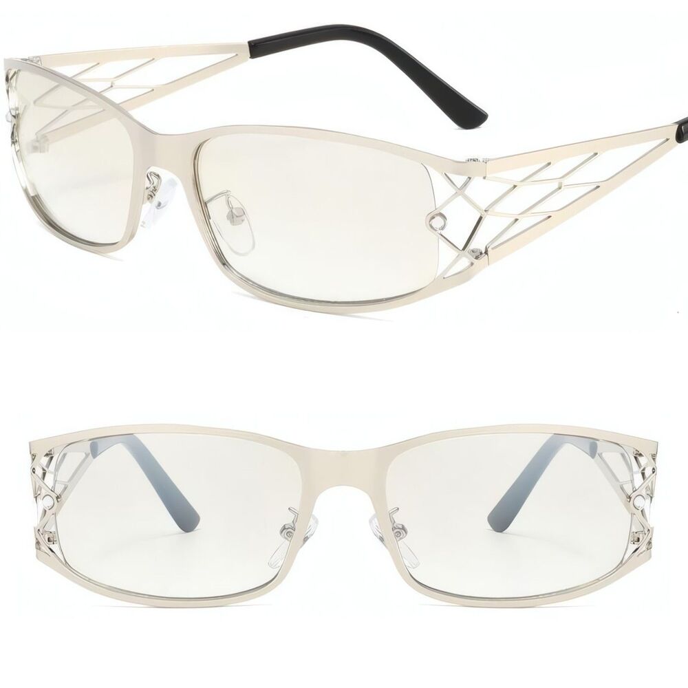 Futuristic Unisex Silver Geometric Shield Wrap Metal Tinted Fashion Sunglasses